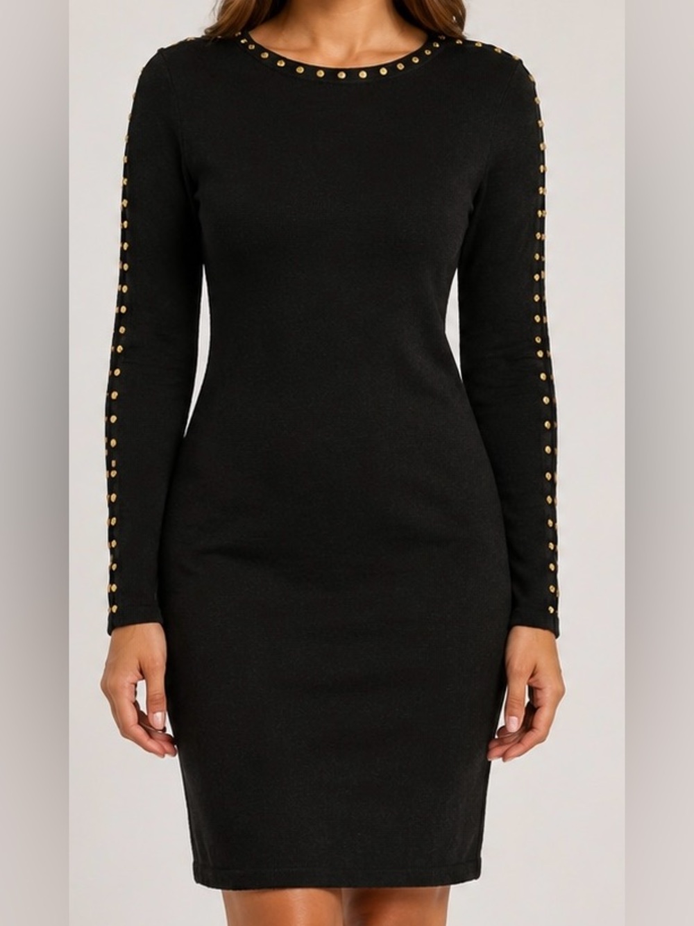 Calvin Klein Black Long-Sleeve Bodycon Dress with Gold Studs